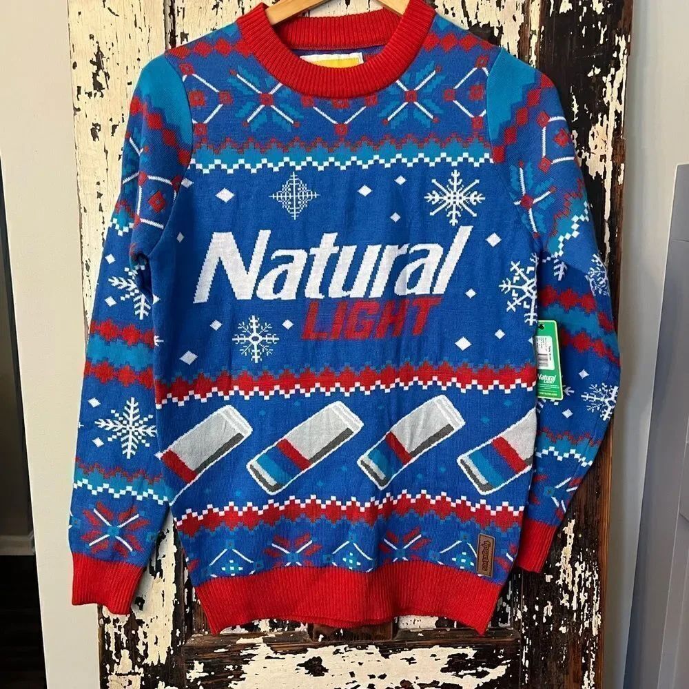 NWT Tipsy Elves Natural Light Beer Ugly Christmas Sweater. Size Small. Holidays
